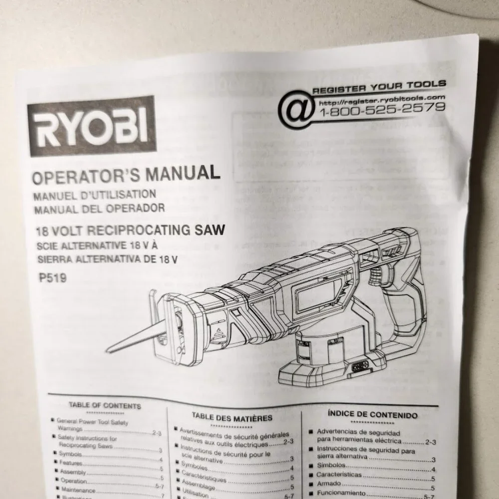New RYOBI ONE+ 18V Cordless Reciprocating Saw P519 Tool + Manual Only NEW